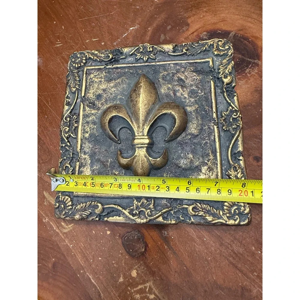 Vintage Fleur de Lis Wall Gallery Gold Bronze Distressed Ceramic Decor 8x8